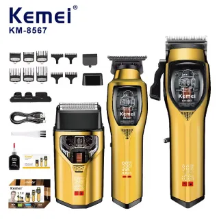 ست ماشین اصلاح موی سر و صورت شارژی کیمی مدل km-8567 مجموعه 3 عددی